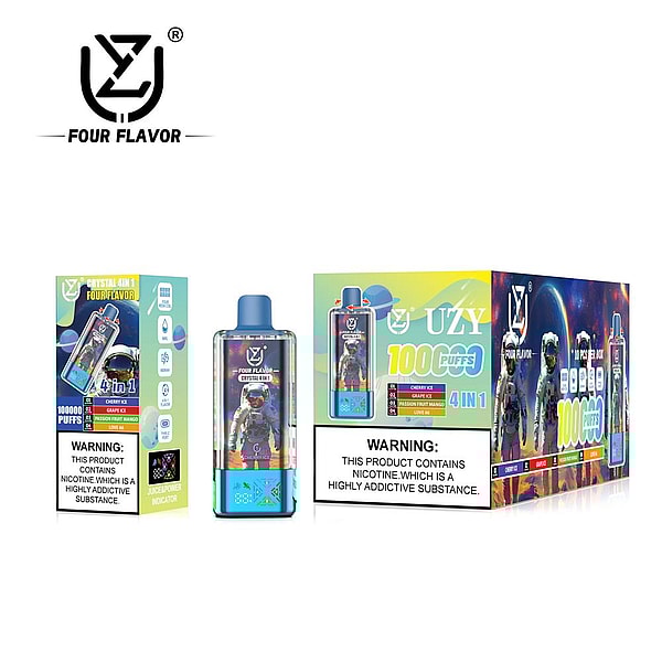 Three views of a disposable vape product and packaging: a single-unit box, the vape device, and a multi-pack box with colorful space-themed artwork featuring an astronaut, '4 in 1' and 'Four Flavor' branding, flavor listings, and prominent nicotine warning labels.