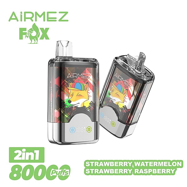 Two transparent Airmez Fox disposable vape devices—one upright and one tilted—displaying a colorful cartoon fox on the pod, silver base and mouthpiece, with a green Airmez Fox logo and green labels stating "2in1 800 puffs" and flavors (strawberry, watermelon, strawberry raspberry) on a white background.
