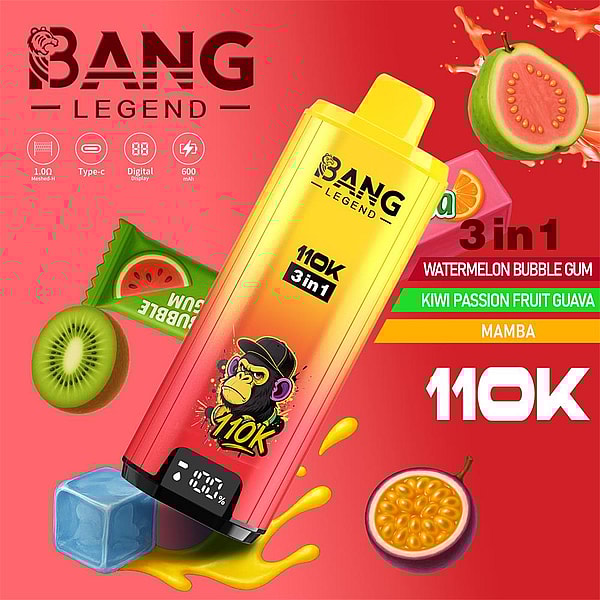 Bright promotional image showing a yellow-to-red Bang Legend 110K disposable vape device with a cartoon monkey logo and small digital display, surrounded by kiwi, guava, passionfruit, a watermelon candy, an ice cube and colorful juice splashes, with text advertising 3‑in‑1 flavors (watermelon bubble gum, kiwi passion fruit guava, mamba).