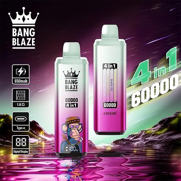 Two gradient pink-and-mint Bang Blaze disposable vape devices—one front-facing with a digital battery display and cartoon monkey graphic, the other showing a back panel labeled 4 in 1 and 60000—set against a purple starry sky over reflective pink water with icons for 650mAh, 1.0Ω, Type-C and digital display on the left.