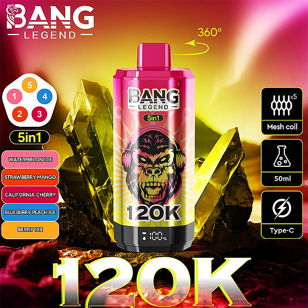 Bright pink cylindrical Bang Legend 120K disposable vape with a snarling monkey face on the label, shown against yellow-pink crystalline background and annotated with 5in1 flavor options (Watermelon Ice, Strawberry Mango, California Cherry, Blueberry Peach Ice, Berry Ice), 50ml capacity, mesh coil x5, Type-C charging and a 360° rotation icon.