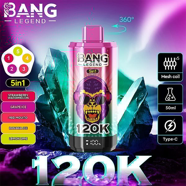 Colorful advertisement featuring a pink Bang Legend 5-in-1 disposable vape canister with a sunglass-wearing monkey graphic and bold "120K" label, set against crystalline teal and purple background with icons showing five flavors, mesh coil, 50ml capacity, Type-C charging and 360° rotation.