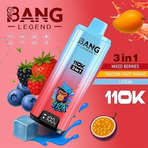 Colorful ad for a Bang Legend 110K 3-in-1 disposable vape device in a blue-to-pink gradient with logo and digital display, surrounded by mixed berries, passion fruit, a mango, an ice cube and liquid splashes, and text listing flavors 'Mixed Berries', 'Passion Fruit Mango' and 'LOVE66'.