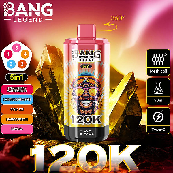 Promotional image of a pink-and-gold BANG LEGEND 5in1 disposable vape canister labeled 120K against glowing crystal-like rocks, with a sidebar showing five flavors and icons for mesh coil x5, 50ml capacity, Type-C charging, and 360° rotation.