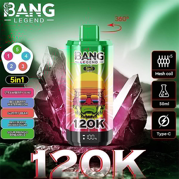 Bright green Bang Legend 5-in-1 disposable vape canister with a colorful gorilla wearing sunglasses and a hat, bold '120K' branding, a side list of flavors (Strawberry Kiwi; Blueberry Watermelon; Gummy Bear; Blueberry Bubble Gum; Sour Mango Pineapple), a 360° rotation arrow and icons for mesh coil, 50 ml and Type-C charging, set against glowing green and purple crystal background.