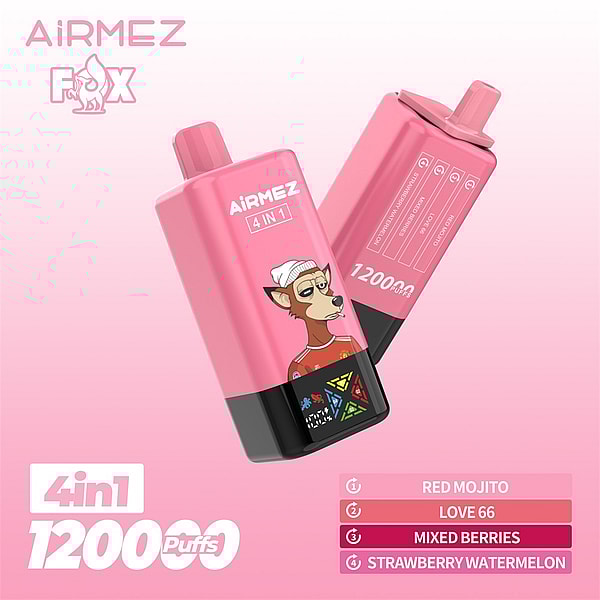Two pink AiRMEZ Fox 4-in-1 disposable vape devices against a pink gradient background, one displaying a cartoon fox wearing a beanie and a '4 IN 1' label and the other showing '1200 puffs' and a flavor list (Red Mojito, Love 66, Mixed Berries, Strawberry Watermelon).