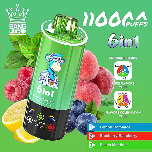 Green Bang Leader 6-in-1 disposable vape device with a blue monkey graphic and digital display, labeled 11000 puffs, pictured against lemons, raspberries, peaches, blueberries and mint with icons and a flavor list including Lemon Romance, Blueberry Raspberry and Peach Menthol.