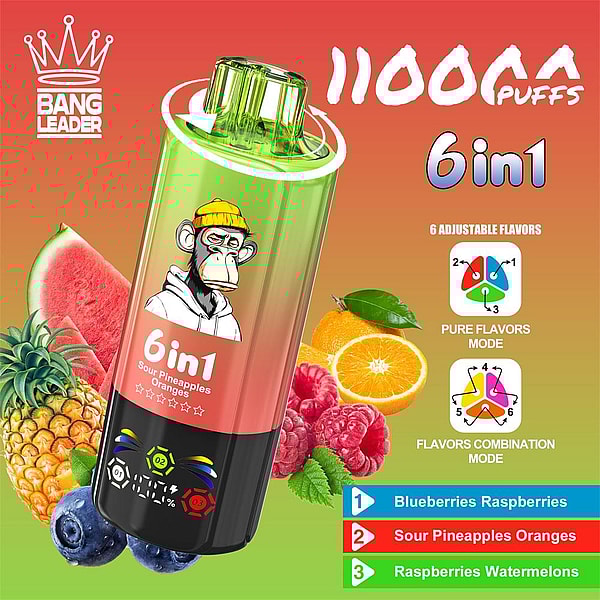 Colorful ad for a Bang Leader disposable vape showing a green-to-orange 6-in-1 device with a cartoon monkey, '11000 puffs' text, flavor icons and surrounding fruits (pineapple, watermelon, orange, raspberries, blueberries).