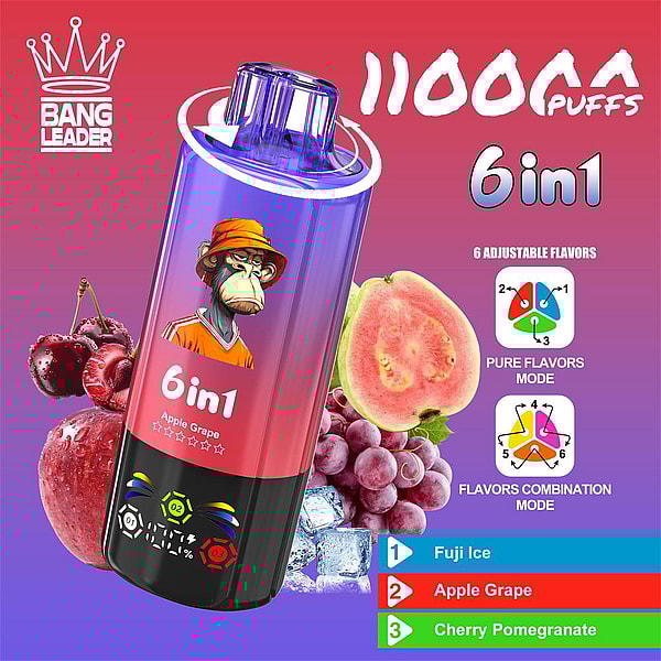 Product advertisement showing a purple-and-black disposable vape device labeled '6in1' and '11000 puffs' with a stylized ape logo, surrounded by apples, grapes, guava, cherries and ice cubes and a sidebar listing flavors: Fuji Ice, Apple Grape, Cherry Pomegranate.