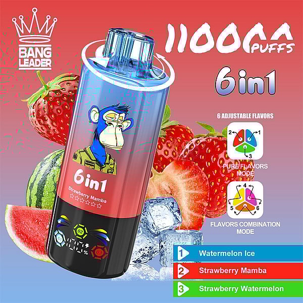 Promotional image of a colorful disposable vape showing a blue cartoon ape on a '6in1' device, surrounded by strawberries, watermelon and ice cubes, with a 'Bang Leader' crown logo and text advertising '11000 puffs' and flavor options including Watermelon Ice, Strawberry Mamba and Strawberry Watermelon.