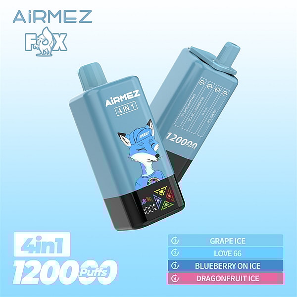 Two light-blue AiRMEZ Fox 4-in-1 disposable vape devices floating against a pale blue gradient background, featuring a winking fox mascot, '12000 puffs' labeling and a flavor list (Grape Ice, Love 66, Blueberry on Ice, Dragonfruit Ice) along the side.