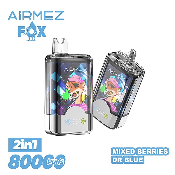 Two transparent AiRMEZ Fox 2-in-1 vaping devices shown at angles, featuring graffiti-style cartoon fox artwork, clear mouthpieces and branding text reading '2in1 8000 puffs' and 'Mixed Berries DR Blue'.