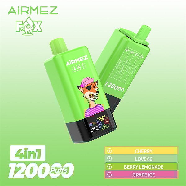 Two bright green AiRMEZ Fox 4-in-1 disposable vape devices with top mouthpieces, one showing a cartoon fox in a pink hat and striped shirt and the other showing product text including '4 IN 1' and '12000 PUFFS', with a flavor list (Cherry, Love 66, Berry Lemonade, Grape Ice) on a soft green gradient background.