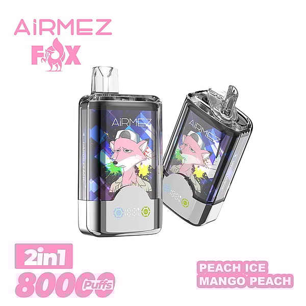 Two compact rectangular AiRMEZ FOX vape devices with clear mouthpieces and silver bases, each displaying a colorful pink fox illustration against a geometric blue-and-purple backdrop, with pink branding text advertising 2in1 800 puffs and Peach Ice and Mango Peach flavors on a white background.