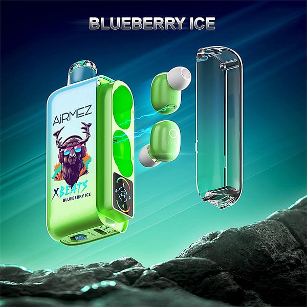 Green wireless earbuds and matching charging case labeled AiRMEZ featuring a stylized bearded stag graphic and 'Blueberry Ice' branding, shown midair with a transparent case cover beside them against a teal gradient background and rocky foreground.
