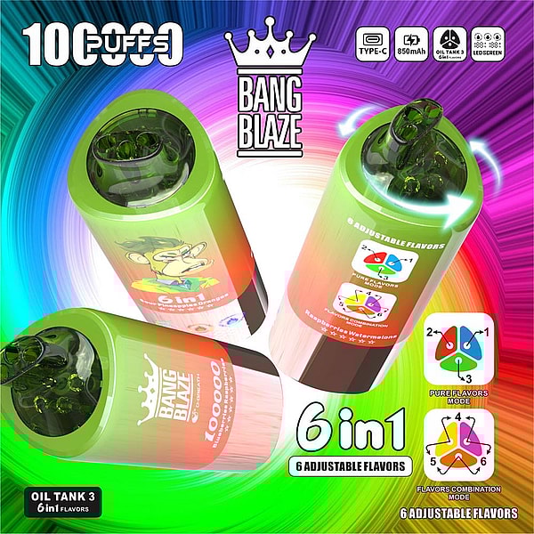 Colorful promotional image of three green cylindrical Bang Blaze vape devices with transparent tops and a crown logo, showing labels for 10,000 puffs and 6-in-1 adjustable flavors (oil tank 3), Type-C and 850 mAh icons, a small cartoon monkey on one device, and a vivid radial rainbow background.