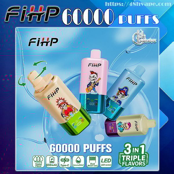 Werbegrafik, die fünf farbenfrohe FIHP-Einweg-Vaporizer mit Cartoon-Totenkopf- und Piratenmotiven auf blauem Hintergrund zeigt, beschriftet mit "60000 PUFFS" und "3 in 1 Triple Flavours" mit kleinen Symbolen für 650 mAh, Typ-C-Aufladung, 54 ml Volumen, Dual-Mesh-Spule und LED-Bildschirm.