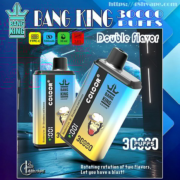 Immagine promozionale che mostra due dispositivi di vaporizzazione usa e getta Bang King con gradiente dal blu al giallo con il logo della scimmia e della corona, etichettati 30.000 boccate e caratteristiche dell'elenco (tipo C, 550 mAh, 36 ml, bobina a rete da 1,0 Ω) su uno sfondo blu futuristico.