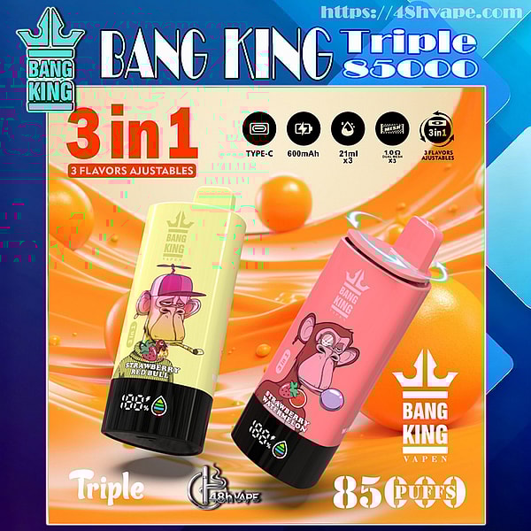 Dos coloridos dispositivos de vapeo desechables Bang King, amarillo y rosa, que muestran gráficos de monos de dibujos animados y etiquetas de sabores ('Strawberry Red Bull' y 'Strawberry Watermelon') sobre un fondo naranja con íconos promocionales y texto que dice '3 en 1', 'Type-C', '600mAh', '21ml x3' y '85 puffs'.