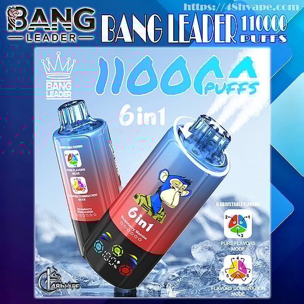 Product ad showing two blue-to-red gradient Bang Leader disposable vape devices with a cartoon monkey emblem, '6 in 1' label, icons indicating flavor modes, and large '110000 puffs' text against an icy blue background.