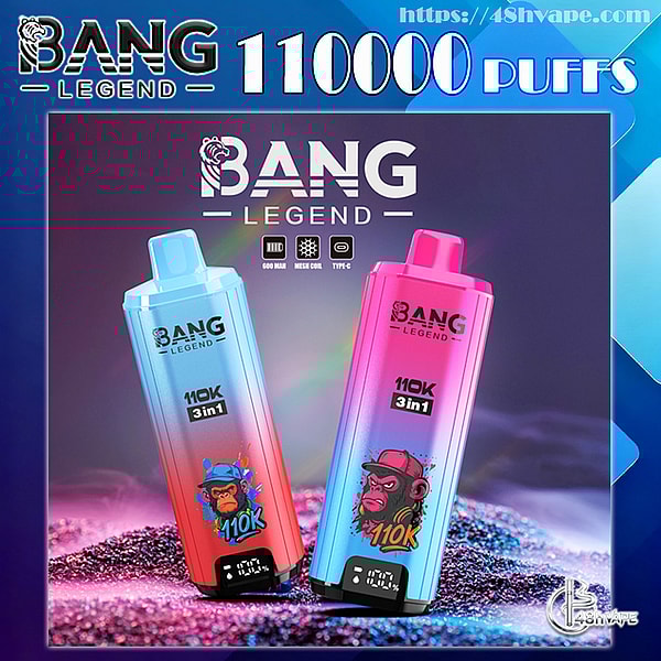 Two colorful gradient Bang Legend disposable vape devices with cartoon monkey logos and small digital displays on a glittery surface beneath a large Bang Legend logo and '110000 puffs' headline.