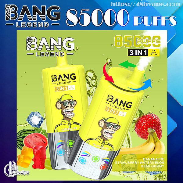 鮮やかな黄色の Bang Legend の使い捨て電子タバコの広告。青緑色の宣伝背景に「85,000 パフ」の文字が目立つ、ニヤリと笑う漫画の猿、フレーバーのアイコン、フルーツの絵 (バナナ、イチゴ、スイカ)、グミベアと氷を特徴とする 85,000 パフの 3-in-1 デバイス 2 台を示しています。.