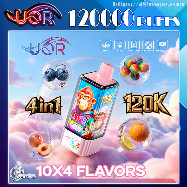 Bright promotional illustration of a pink-topped disposable vape device with a cartoon monkey label floating among pastel clouds, surrounded by fruit and candy flavor bubbles and bold text reading 120000 puffs, 120K, 4in1 and 10x4 flavors.