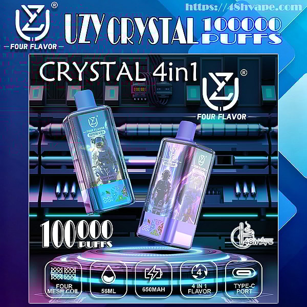 Futuristic advertisement showing two iridescent UZY CRYSTAL 4-in-1 vape devices floating against a neon cyber background with prominent text '100000 puffs' and 'Four Flavor', the brand logo, and icons noting four mesh coils, 56ml, 650mAh, 4-in-1 flavor and Type-C port.