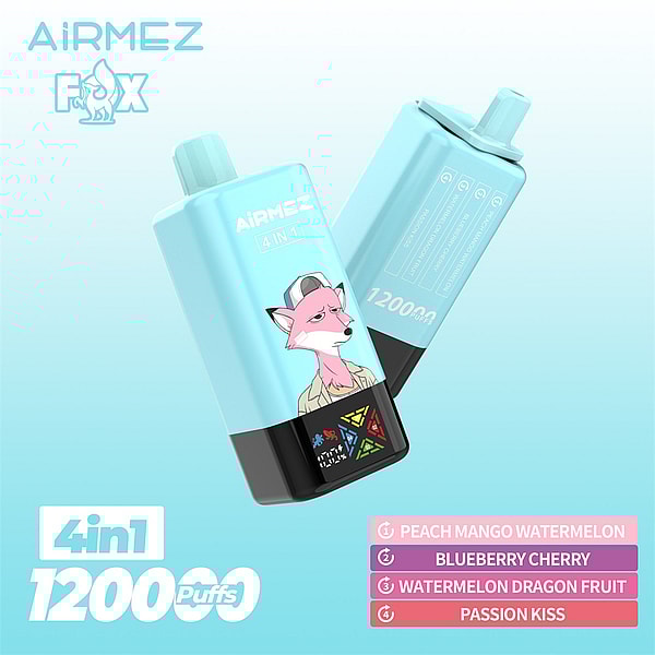 Two mint-blue AirMez Fox 4-in-1 disposable vape devices with black bases, one featuring a pink cartoon fox wearing a cap, visible branding and text, and a flavor list showing Peach Mango Watermelon, Blueberry Cherry, Watermelon Dragon Fruit, and Passion Kiss.