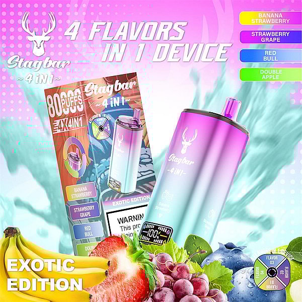 Pubblicità colorata che mostra un vaporizzatore usa e getta Stagbar con sfumature dal rosa al verde acqua e la sua scatola con il marchio '4 gusti in 1 dispositivo' e '8000 sbuffi', accompagnato da banane, una fragola, uva e mirtilli, il logo di una testa di cervo e l'etichetta 'Edizione esotica'.