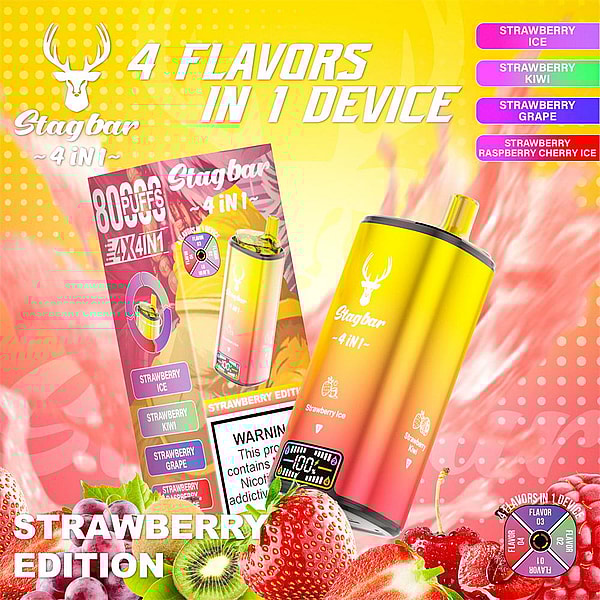 Pubblicità brillante per un vaporizzatore usa e getta Stagbar caratterizzato da un dispositivo con gradiente da giallo a rosa e una scatola con il marchio "4 gusti in 1 dispositivo" e "8000 sbuffi", con etichette dei sapori, un avvertimento sulla nicotina e immagini di fragole, kiwi e ciliegie.