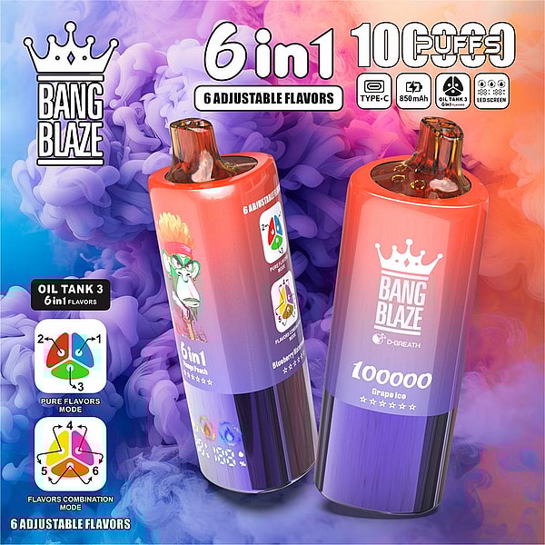 Two glossy orange-to-purple Bang Blaze disposable vape devices with a crown logo and '100000 Grape Ice' label, set against purple-orange vapor with '6 in 1' flavor, Type-C, 850mAh and oil-tank icons.