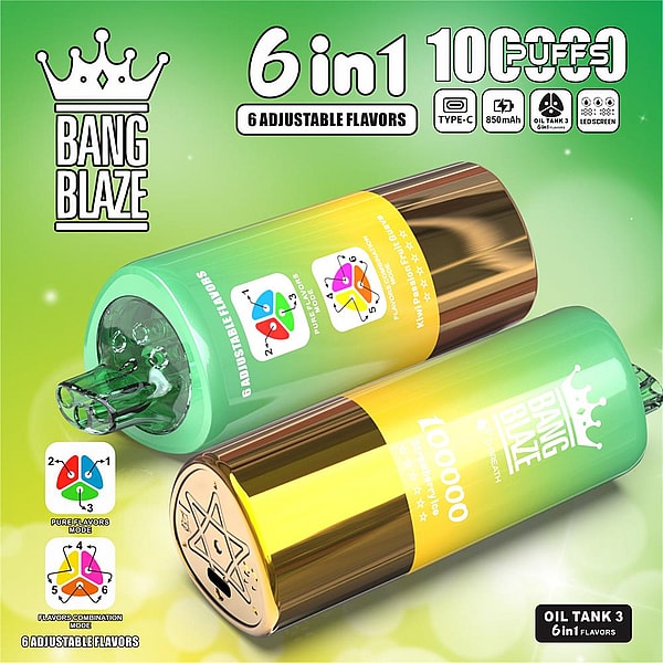 Two metallic green-to-yellow gradient cylindrical disposable vapes with transparent mouthpieces and gold end caps, branded "Bang Blaze" with a crown logo and marketing text reading "6 in 1" and "100000 puffs," shown on a glossy green promotional background with small icons indicating Type-C charging, 850mAh battery, oil tank 3, LED screen, and six adjustable flavor modes.