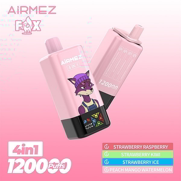 Two pink AiRMEZ Fox 4-in-1 disposable vape devices floating on a pink gradient background, one showing a purple fox character wearing a beanie and overalls and the other displaying '120000 puffs' alongside a flavor list: Strawberry Raspberry, Strawberry Kiwi, Strawberry Ice, and Peach Mango Watermelon.