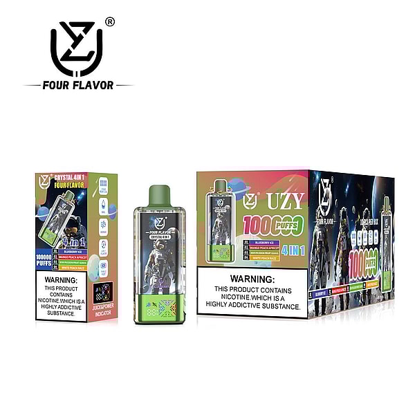 Retail display of a disposable vape device with a green mouthpiece and transparent body showing an astronaut graphic, flanked by two colorful UZY Four Flavor product boxes labeled '4 in 1' and featuring flavor callouts and prominent nicotine warning labels.