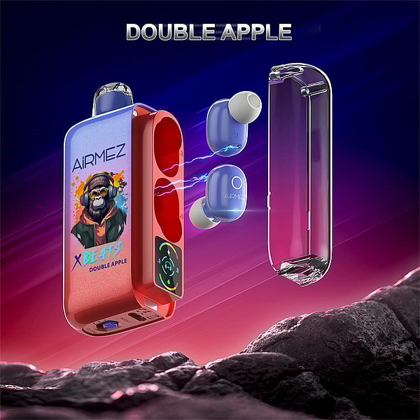Promotional render showing a red metallic Airmez charging case with dual earbud slots, decorative illustration and digital control panel, two blue wireless earbuds emitting electric charging arcs toward a transparent purple lid, set against a neon purple-pink gradient sky above a rocky foreground with the title DOUBLE APPLE at the top.