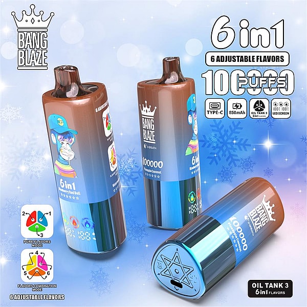 Three cylindrical brown-to-blue gradient Bang Blaze disposable vape devices with crown logo and cartoon monkey labels, marked "6 in 1" and "100000 puffs" and showing icons for Type-C, 850mAh, oil tank and LED screen on a snowflake-patterned blue background.