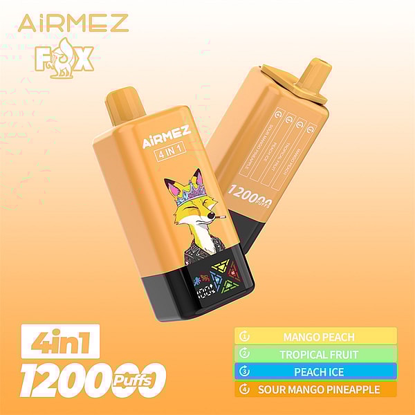 Two orange AiRMEZ Fox disposable vape devices with a stylized crowned fox graphic and '4 in 1' and '12000 puffs' labeling, shown on an orange gradient background next to a color-coded flavor list: Mango Peach, Tropical Fruit, Peach Ice, and Sour Mango Pineapple.
