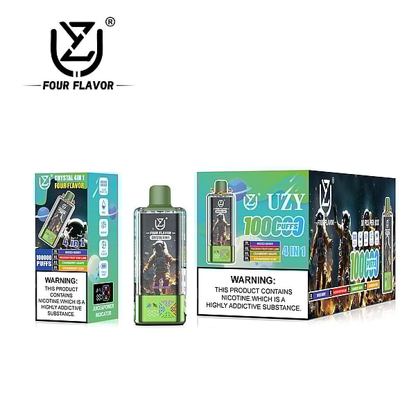 Green disposable vape device and two matching retail boxes branded 'FOUR FLAVOR' and 'UZY,' featuring a soldier illustration on the device, '4 in 1' flavor labeling and prominent nicotine-warning panels.