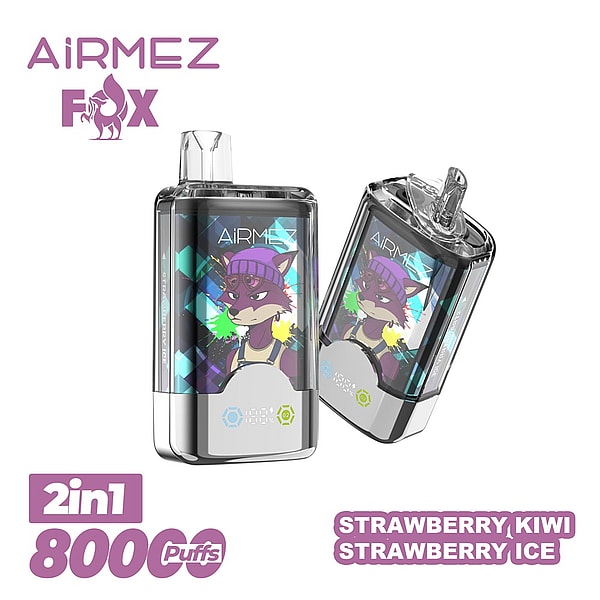 Two AiRMEZ Fox 2-in-1 disposable vape devices with clear housings and a purple cartoon fox graphic, shown at slight angles with text indicating '2in1 800 puffs' and flavors 'Strawberry Kiwi' and 'Strawberry Ice'.