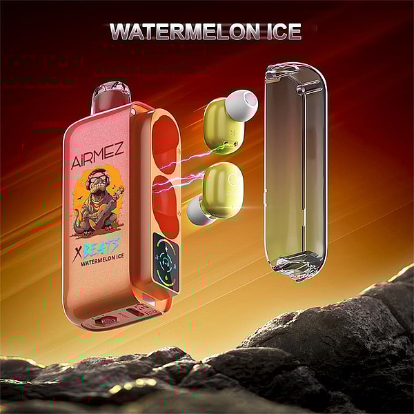 Watermelon Ice themed wireless earbuds and metallic charging case with transparent lid, neon-green earbuds hovering with blue electrical sparks, 'AIRMEZ' branding and a small illustrated sticker on the case, set against a dramatic orange gradient background above a rocky foreground.