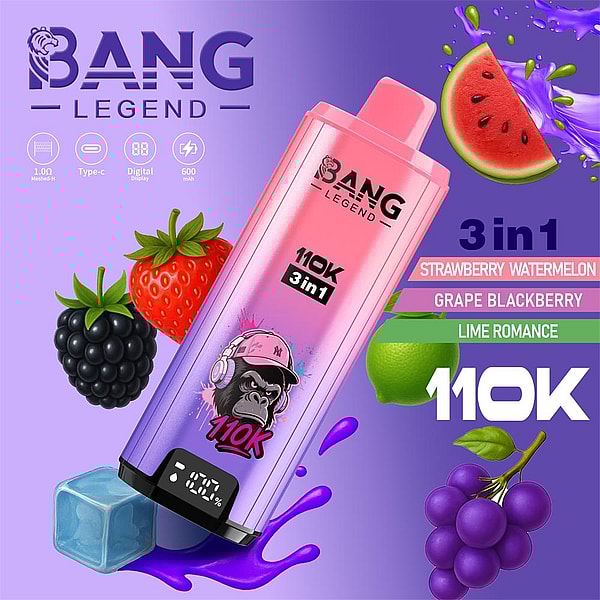 Pink-to-purple disposable vape device labeled BANG LEGEND 110K 3in1 with a gorilla mascot and a digital battery display, set on a purple background and surrounded by illustrated strawberry, blackberry, watermelon, lime and grapes to indicate fruit flavors.
