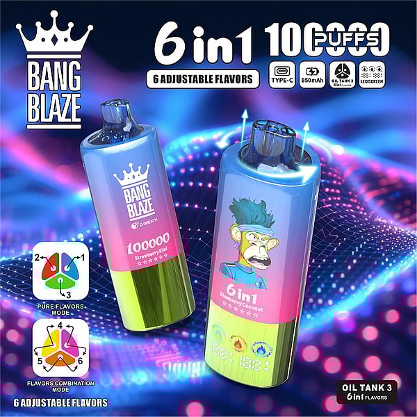 Two colorful Bang Blaze disposable vape devices with blue-to-pink gradient bodies and metallic green bases set against a neon, wavy digital background, featuring large “6 in 1” branding, a cartoon monkey flavor graphic, flavor diagrams and icons for Type‑C, 850mAh and oil tank specs.