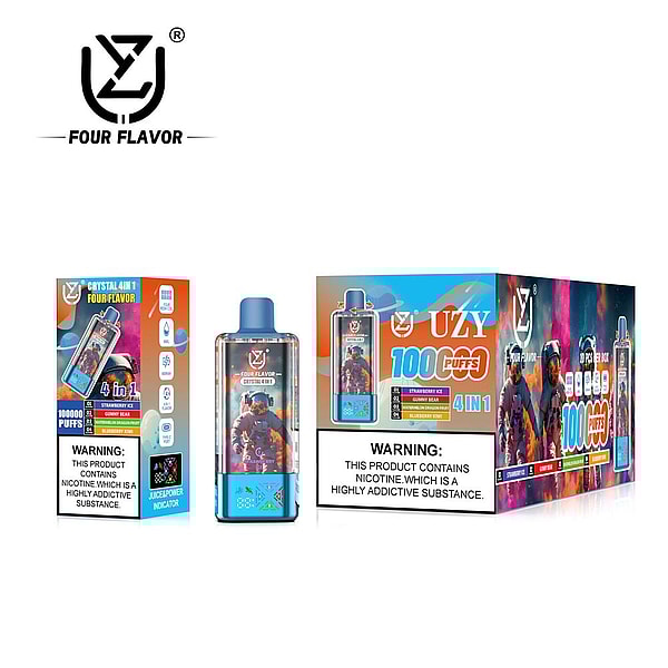Product display of UZY Four Flavor disposable vape: a clear rectangular device with a blue mouthpiece and astronaut artwork, shown alongside a small flavor box and a larger colorful retail box advertising a high puff count and displaying a nicotine warning label.