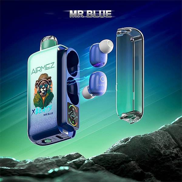Promotional image of a glossy blue rectangular charging case labeled AIRMEZ with colorful character artwork on its front, two matching blue wireless earbuds with stylized charging arcs between them, and a clear protective cover, set against a teal-to-blue gradient sky over a rocky foreground with the title MR BLUE at the top.