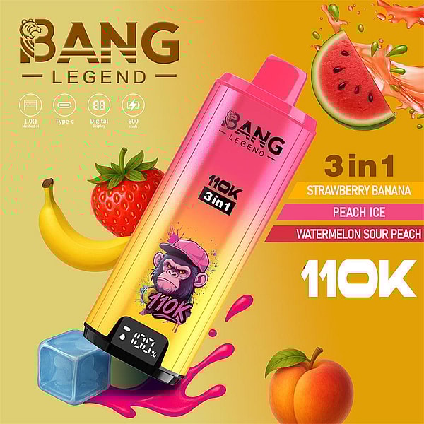 Bright pink-to-yellow disposable vape labeled BANG LEGEND 110K 3in1 with a cartoon monkey mascot and a small digital display, set among strawberry, banana, peach and watermelon imagery, an ice cube and juice splashes with flavor text listing Strawberry Banana, Peach Ice and Watermelon Sour Peach.