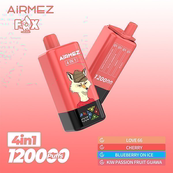 Two coral-red AiRMEZ “Fox” 4-in-1 disposable vape devices floating on a soft pink gradient background, labeled 1200 Puffs and featuring a cartoon fox in a cap plus a color-coded flavor list (Love 66, Cherry, Blueberry on Ice, Kiwi Passion Fruit Guava).