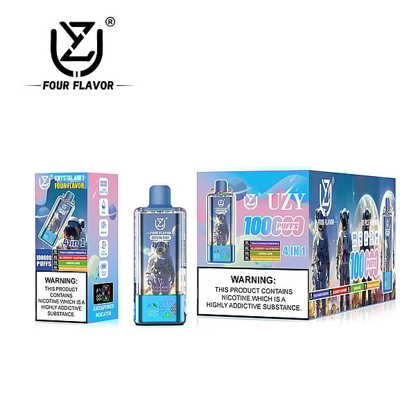 Four Flavor UZY vaping product display showing a blue gradient disposable device with an astronaut graphic centered between colorful 4-in-1 and 100-puff retail boxes that list flavors and a nicotine warning, with the brand logo at top-left.