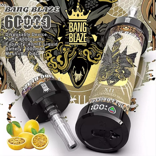 Two ornate Bang Blaze disposable vape devices featuring a gold crown logo and intricate black-and-gold artwork, labeled for high puff capacity and Passion Fruit flavor, positioned beside halved and whole passion fruits.