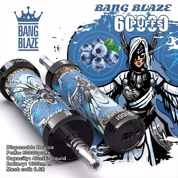 Two blue disposable vape devices with ornate winged-figure artwork and black mouthpieces displayed in front of matching blue packaging that reads “Bang Blaze 60000 puffs,” alongside a blueberry graphic and printed specs listing 60,000 puffs, 40ml e-liquid capacity, 1000mAh battery and 0.6Ω mesh coil.